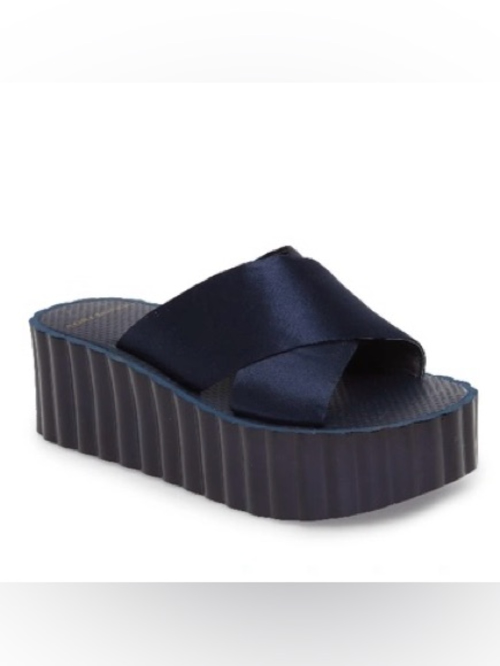 Tory Burch Satin Scalloped Platform Wedge Slide Sandals in Perfect Navy
